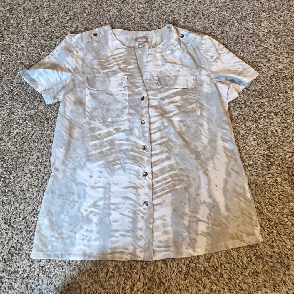 Chico's Abstract Print Button Front Blouse Grey Tan Utility Top Size 0 Small